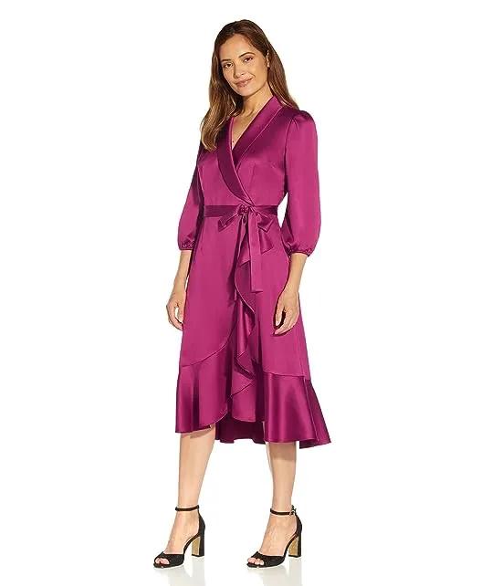 Satin Crepe Side Tie Wrap Dress with Cascade and Flounce