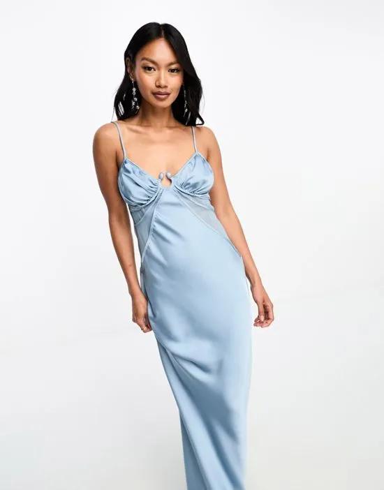 satin cupped paneled bias maxi dress with buckle detail in slate blue