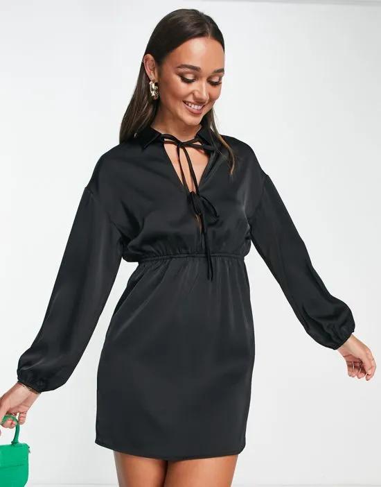 satin cut out front mini shirt dress in black