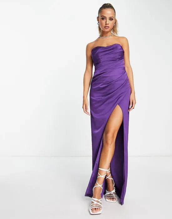 satin drape bodice maxi dress in purple