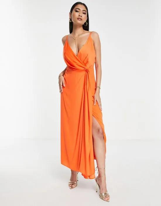 satin drape side cami midi dress in orange