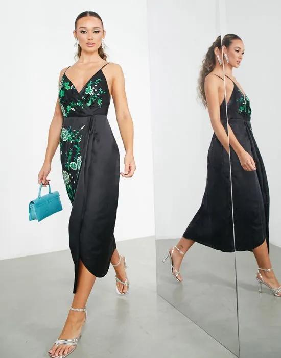 satin drape side cami midi dress with floral embroidery in black