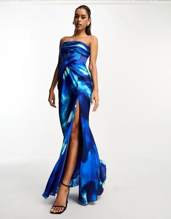 satin draped bandeau bias maxi dress with corset detail in blue watercolor print