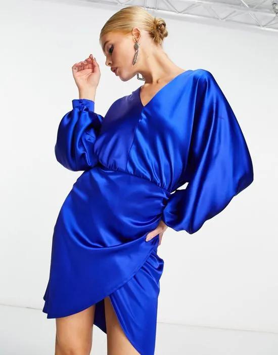 satin draped front mini dress in blue