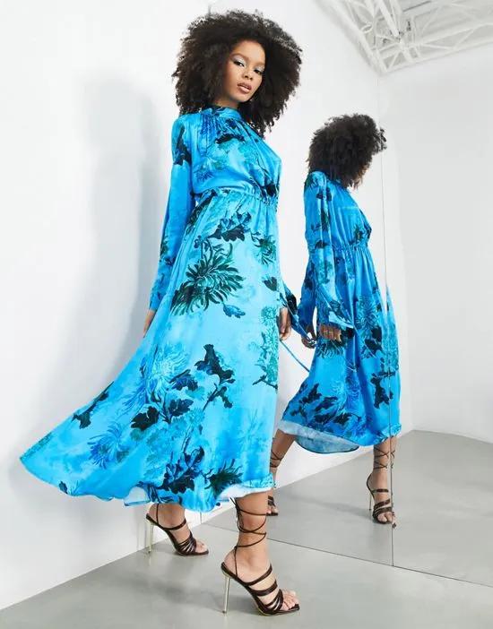 satin drawstring midi dress in blue floral print