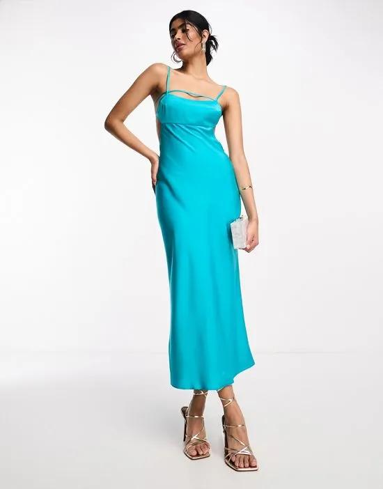 satin elasticated strappy midi dress with open back in turquoise