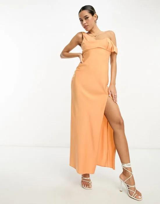 satin fallen shoulder cowl maxi dress in peach