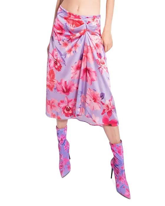 Satin Floral Print Midi Skirt