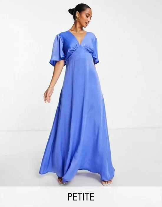 satin flutter sleeve maxi dress with plunge front in blue