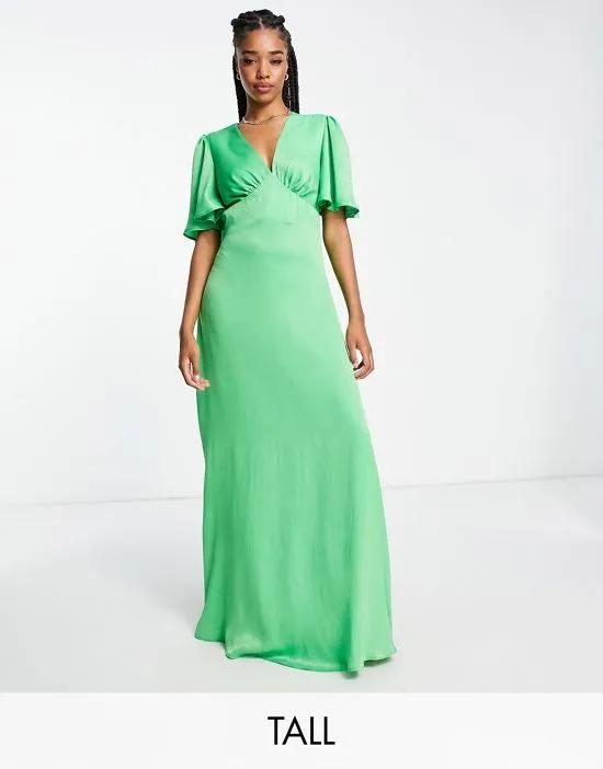 satin flutter sleeve maxi dress with plunge front in bold green