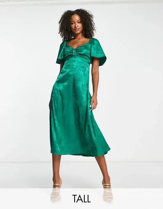 satin flutter sleeve midi dress in emerald jacquard