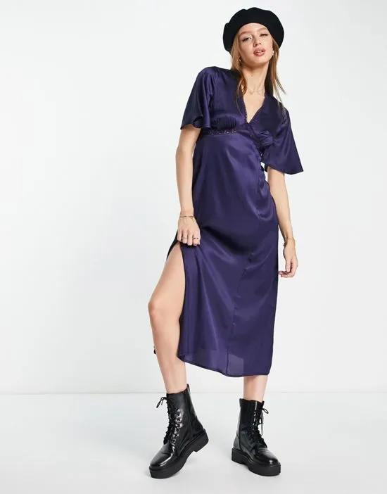 satin flutter sleeve midi dress with lace trim in navy