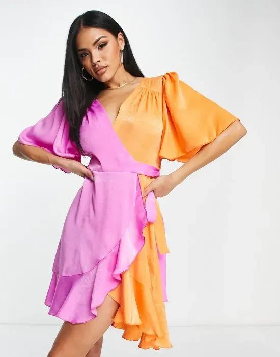 satin flutter sleeve ruffle mini dress in contrast pink and orange