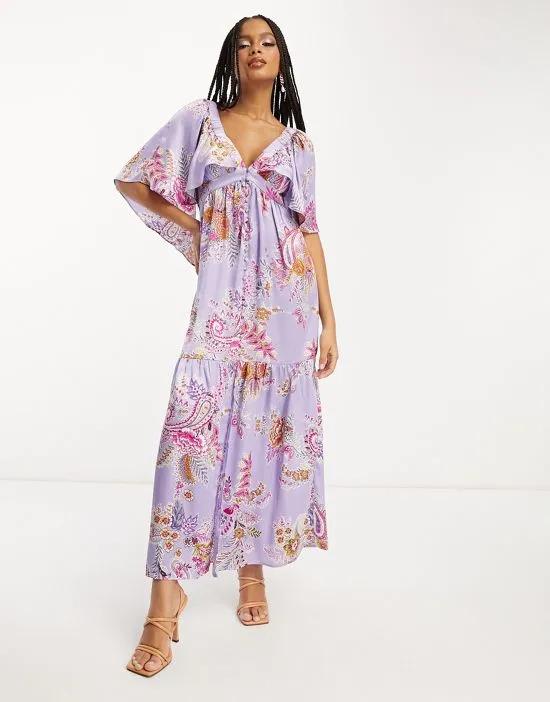 satin flutter sleeve v-neck maxi dress with tier hem in lilac paisley print