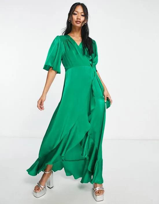 satin flutter sleeve wrap front maxi dress in bold green