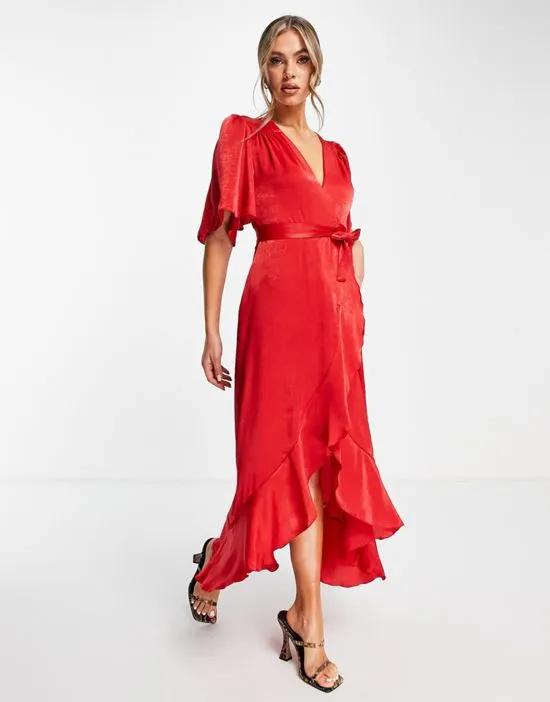 satin flutter sleeve wrap front maxi dress in red