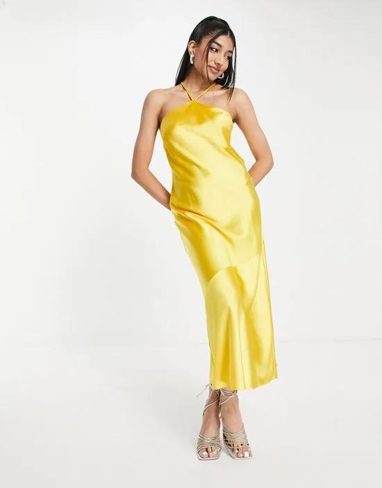 satin halter maxi slip dress in yellow