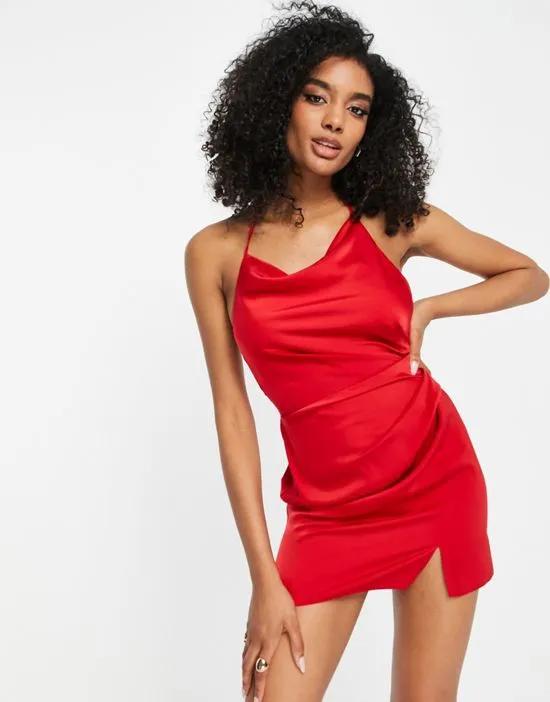Satin halter neck backless mini dress with waist detail in red