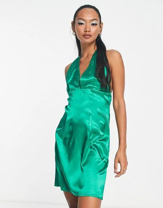 satin halter neck mini dress in bright green