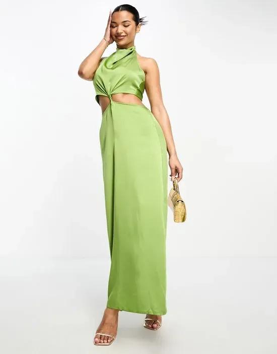 satin halterneck cut-out twist waist maxi dress in lime