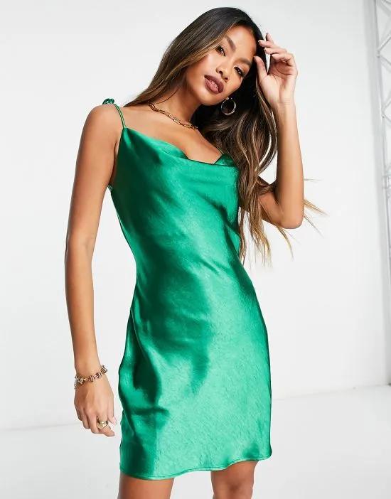 satin halterneck mini dress with back strap in green