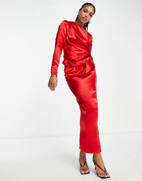 satin high drape neck maxi dress with long sleeves in red