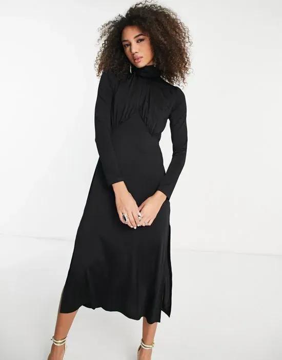 satin high midaxi dress with drape chest detail in black