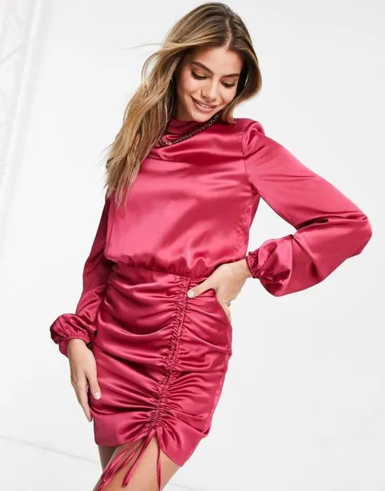 satin high neck flare sleeve mini dress with ruched skirt detail in hot pink