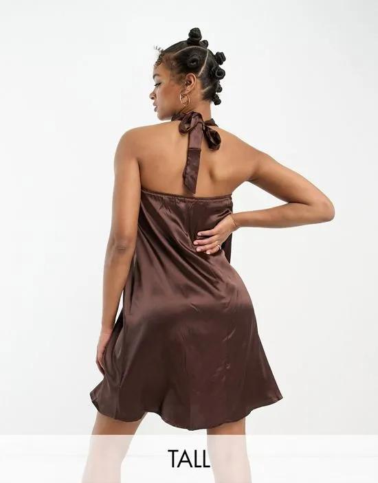 satin high neck mini dress in chocolate brown