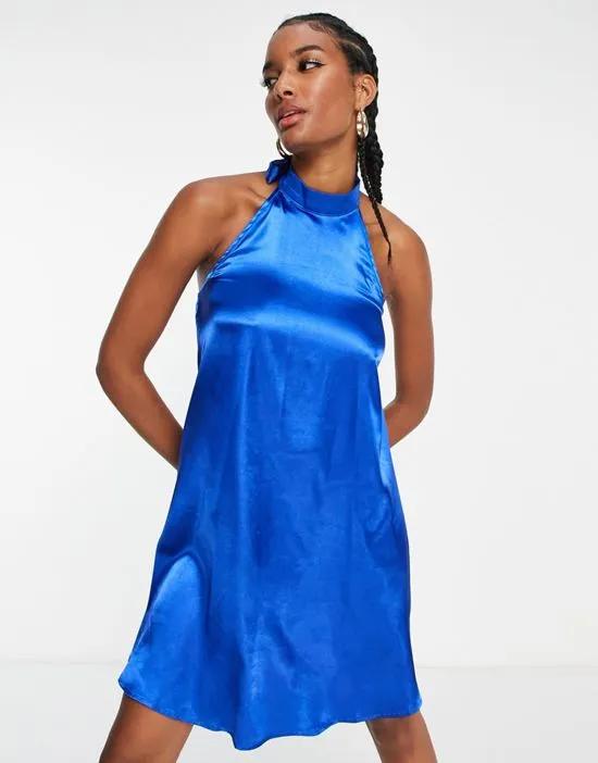satin high neck mini dress in cobalt blue