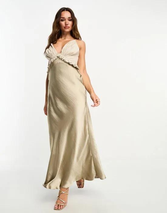 satin high shine ruffle cami midaxi dress with linen bust detail in stone