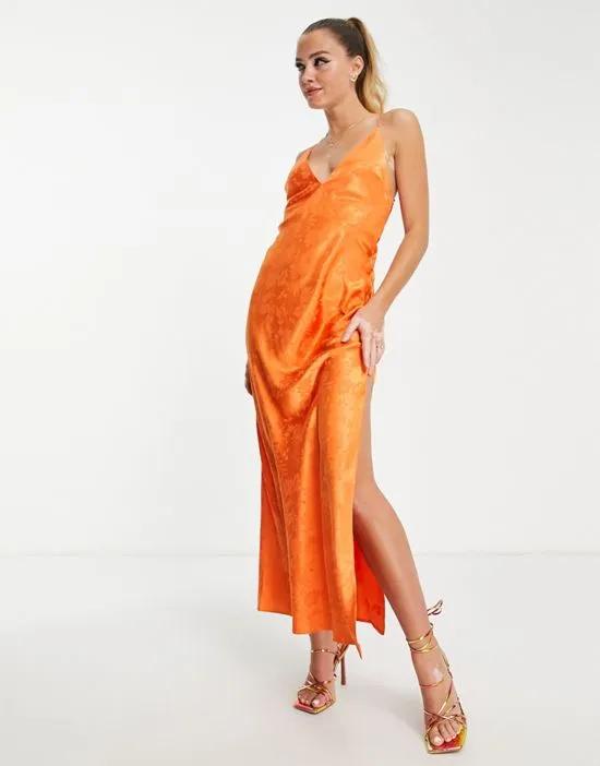 satin jacquard lace back midaxi slip dress in orange
