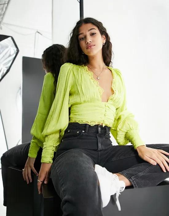 satin jacquard lace trim top in lime green