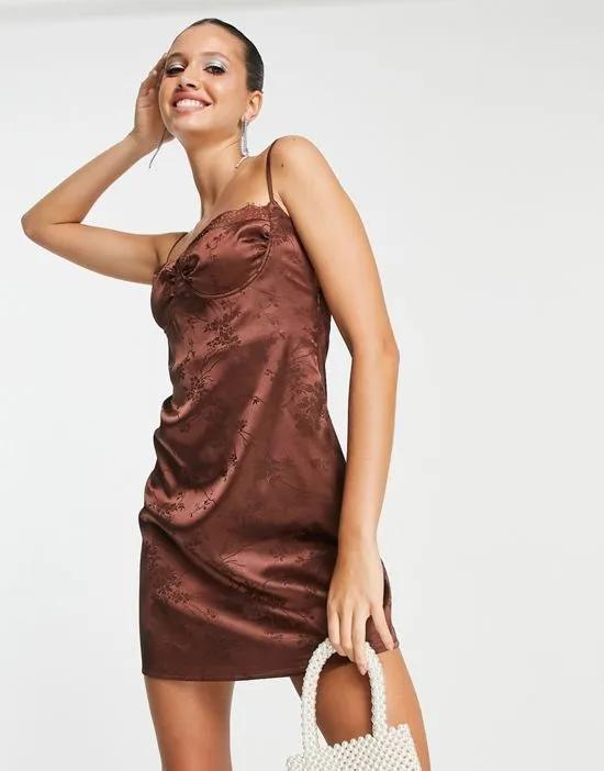 satin jacquard mini dress with strappy back in chocolate brown