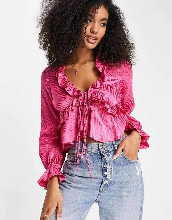 satin jacquard tie front blouse in pink