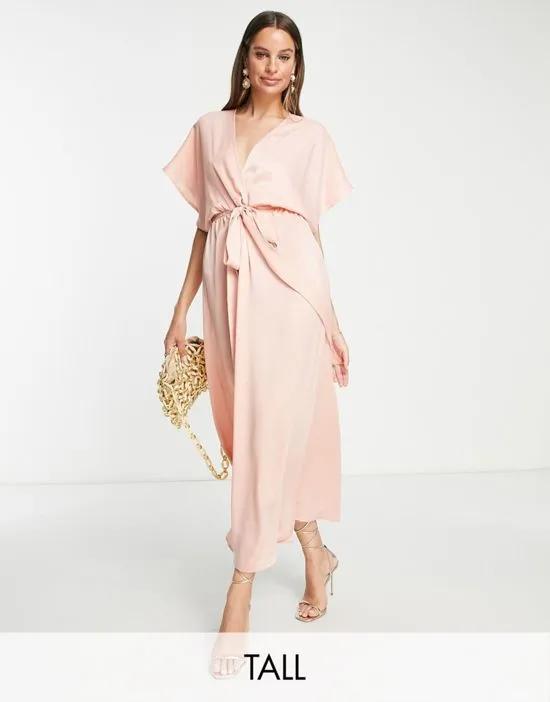 satin kimono sleeve midi dress in light pink