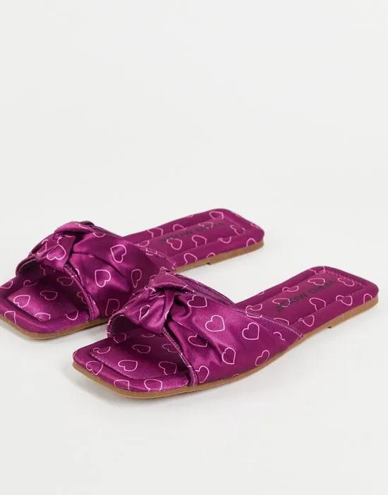 satin knot front slippers in burgundy heart print