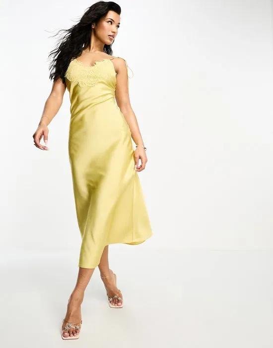 satin lace trim maxi dress in yellow
