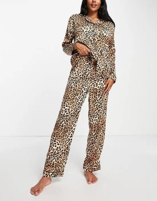 satin long pajama set in leopard print