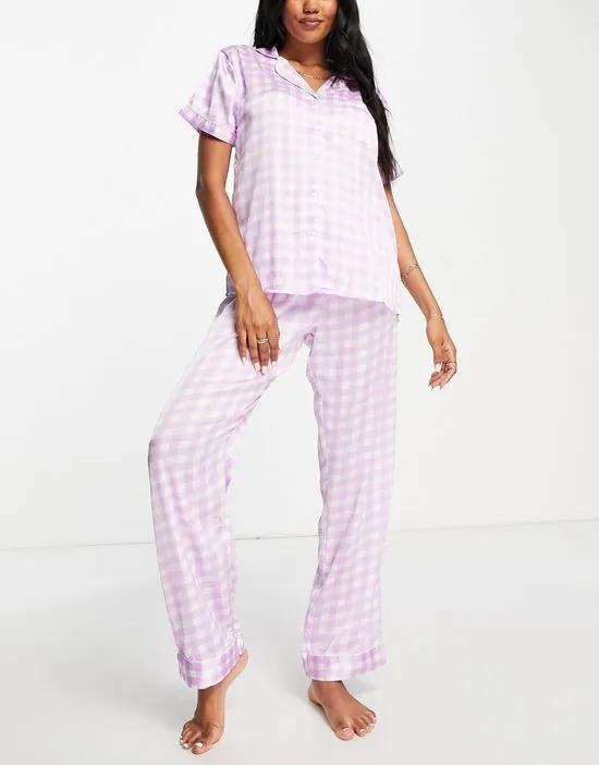 satin long pajama set in lilac gingham