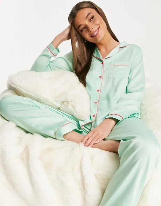 satin long pajama set with contrast piping in mint green