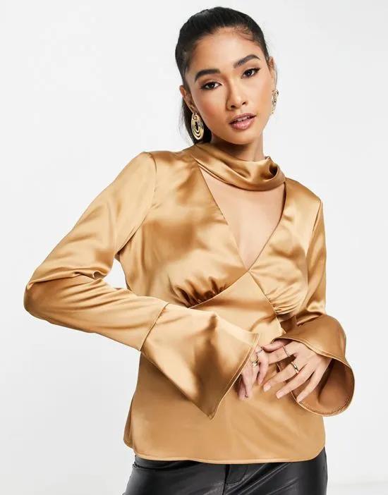 satin long sleeve blouse with neck detail