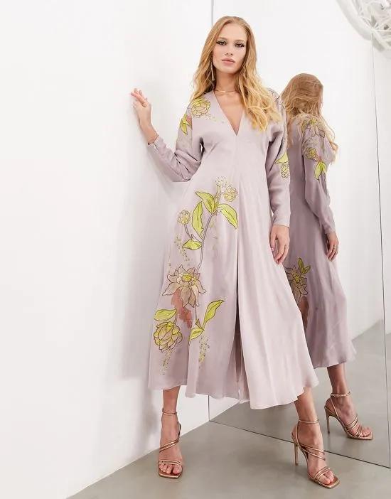 satin long sleeve midi dress in floral embroidery in lilac