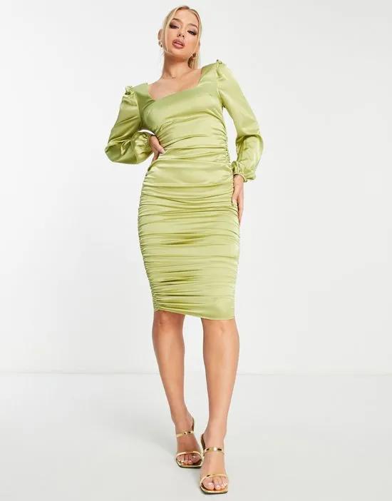 satin long sleeve ruched side midi dress in lime