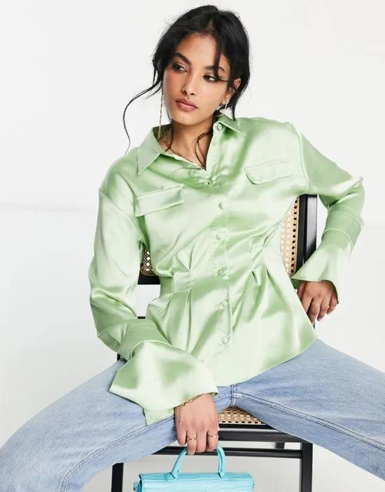 satin long sleeve shirt with corset seam waist detail in pastel lime