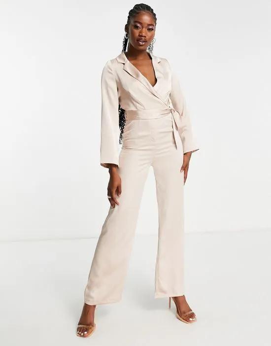 satin long sleeve wrap jumpsuit in pink