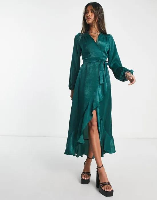 satin long sleeve wrap maxi dress in emerald