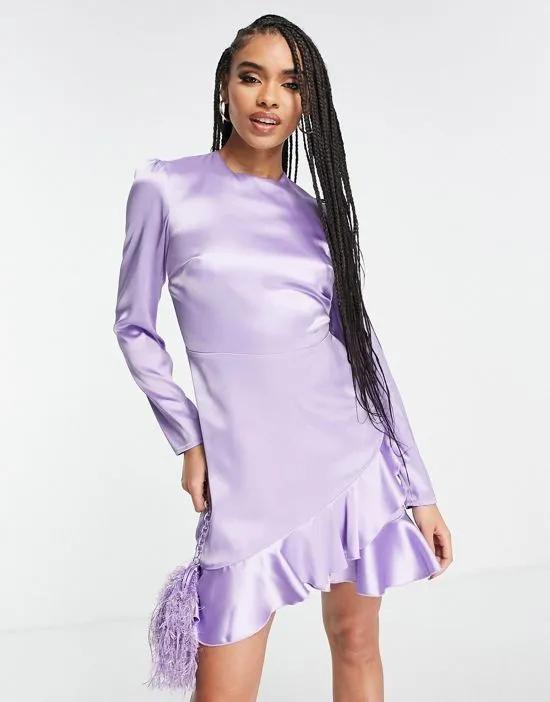 satin long sleeve wrap mini dress in lilac