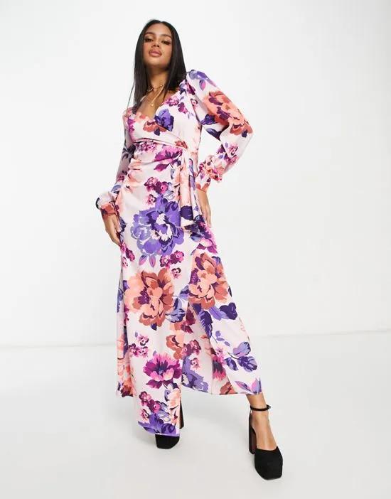 satin maxi dress in overscale floral print