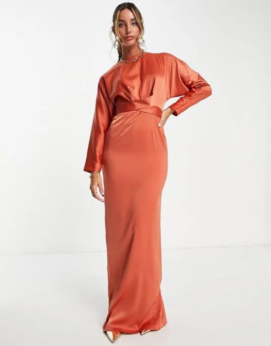 satin maxi dress with batwing sleeve and wrap waist in rust